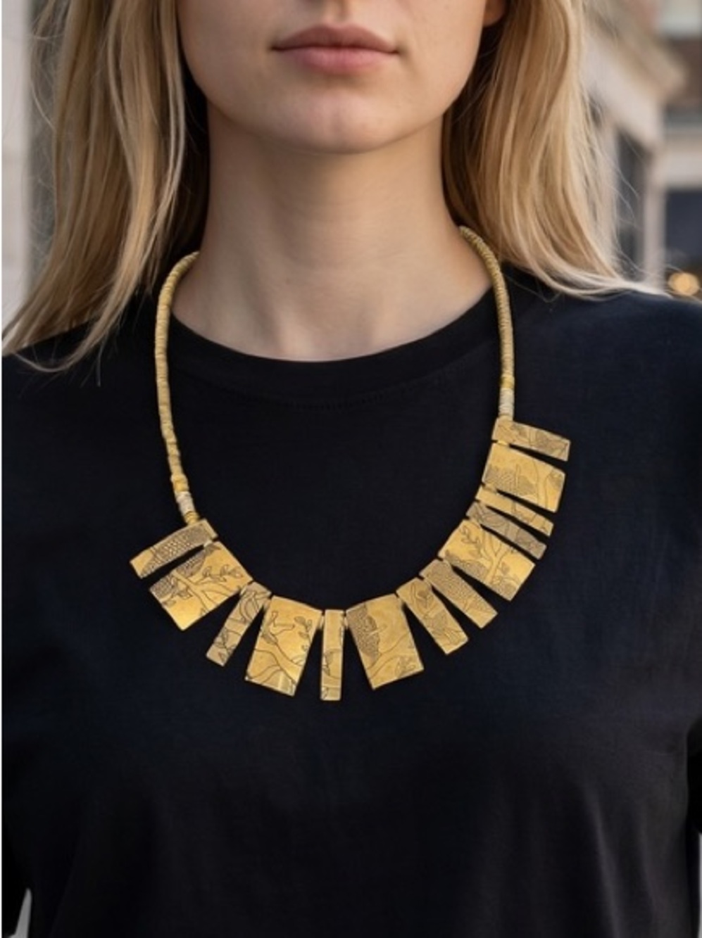 Gold-Tone Egyptian revival Floral Panel Necklace -
